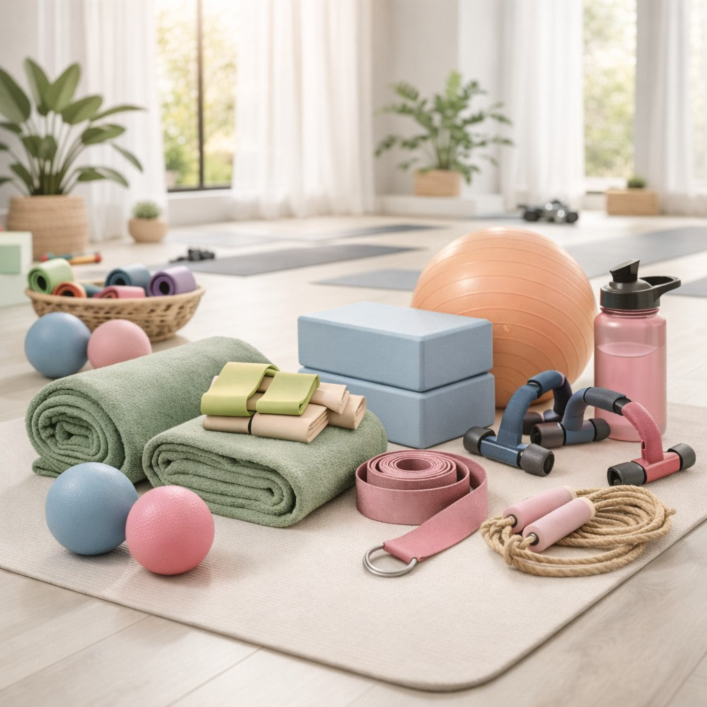 Yoga accessories for home workout including yoga blocks, straps, towels and fitness equipment in a bright yoga studio
