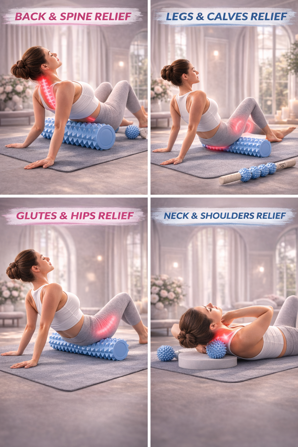 Foam rollers with textured surface in different colors for deep tissue massage and muscle recovery