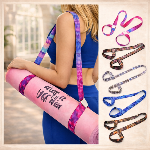Woman carrying yoga mat with adjustable yoga mat strap