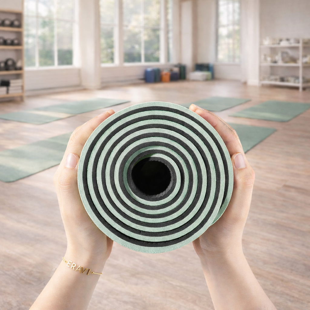 rolled non slip eravi yoga mat showing thickness and texture